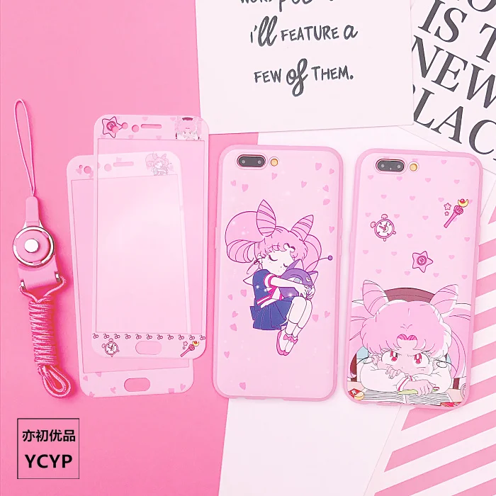 Goedkoop Voor iphone X 8 7 6 6 s plus Sailor moon case voor iphone 8 plus roze amp; front gehard glas sticker Voor iphone 7 Plus + strap