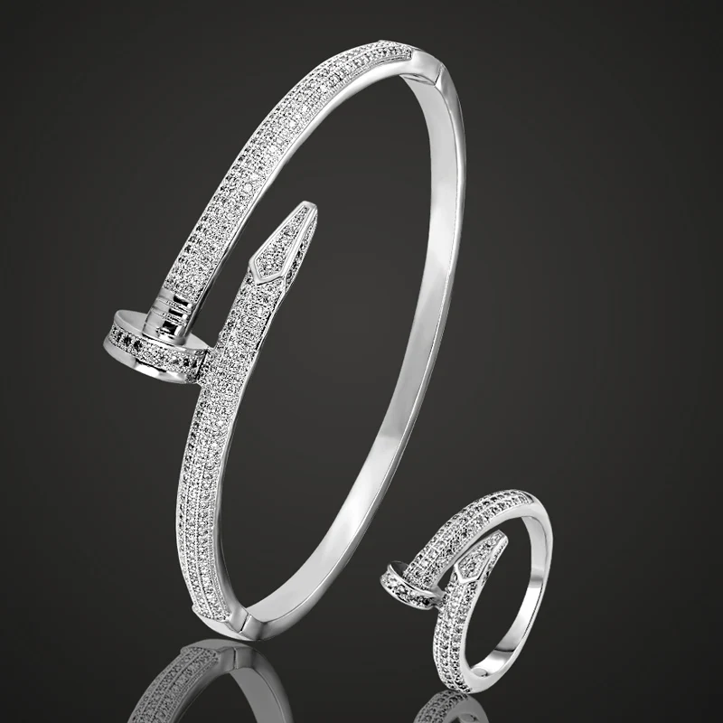 

Brand Copper cubic zircon Bangle & Rings Sets For Wedding Jewelry Women's Gold-color Bangle Rings Accessory Sets Men Bangle