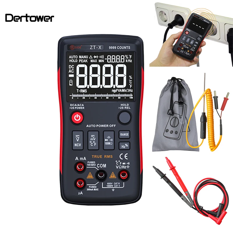 

Q1 True-RMS Digital Multimeter Auto Button 9999 Counts With Analog Bar Graph AC/DC Voltage Ammeter Current Ohm Transistor Tester