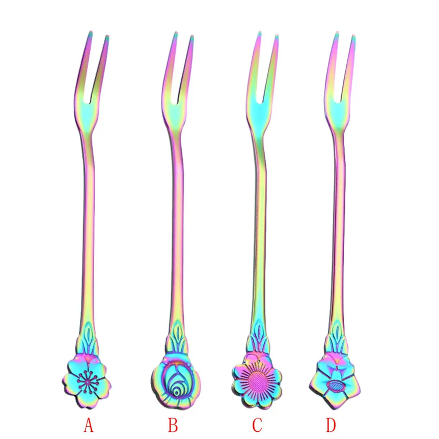 Столовая посуда из нержавеющей стали, столовые приборы, вилка для фруктов, роскошные столовые приборы, чайная ложка, цветок, длинная ручка, вилка для фруктов, кухонные аксессуары 9A04