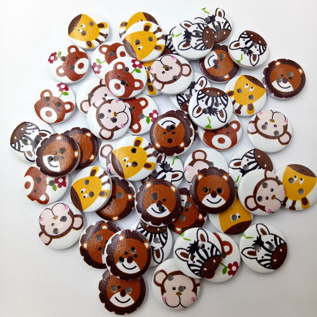 50Pcs Wooden Cartoon Buttons Assorted Animals Design for Crafts Scrapbooking 20mm