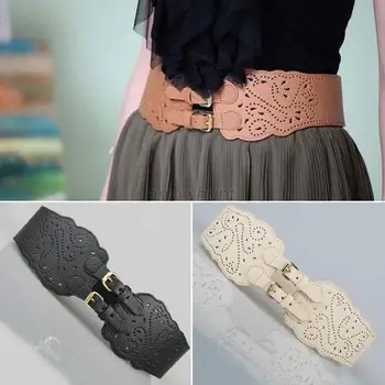 

Wholesale Fashion Womens Double Buckle Elastic Waist Belt Wide Stretch Corset Waistband