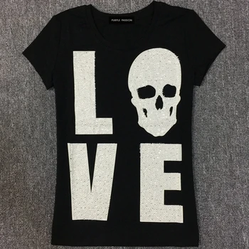 

Recreational round collar cultivate one's morality show thin set auger letters skull T-shirt