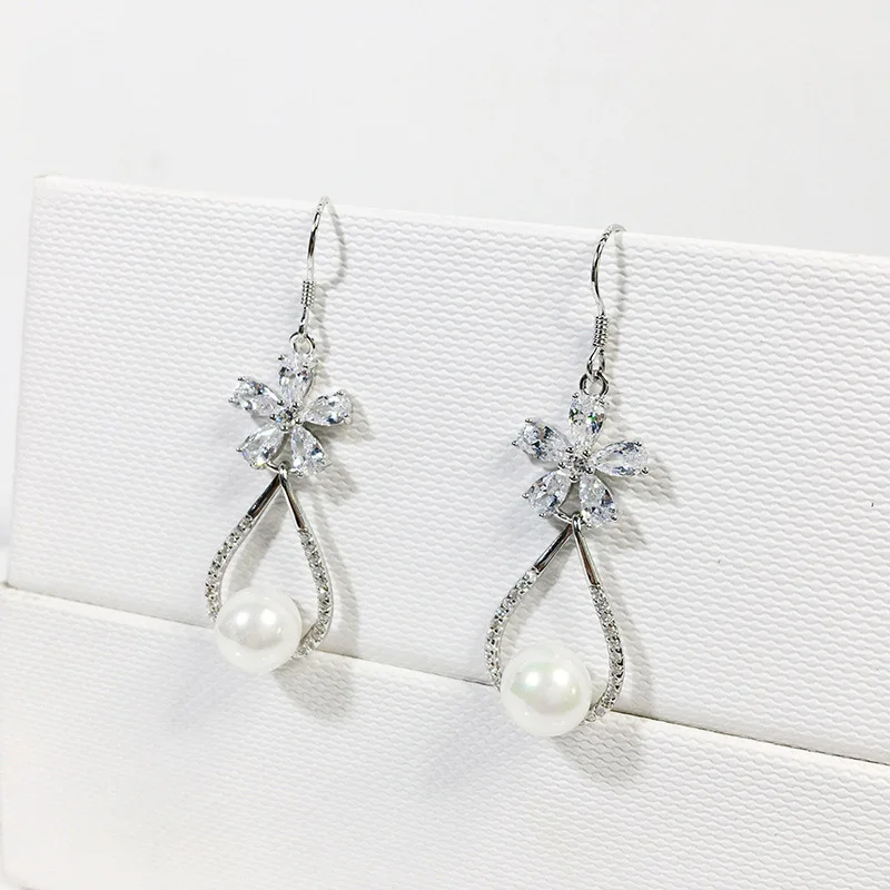 

luxury wedding fashion design for women 925 silver C zircone flower with teardrop pearl drop hook love earrings jewelry gift