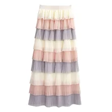 Women Fashion Chiffon Cake Skirt Summer Empire Elastic Waist Color Layer Pleated Mid-Skirt Pleated Cascading Soft Skirt