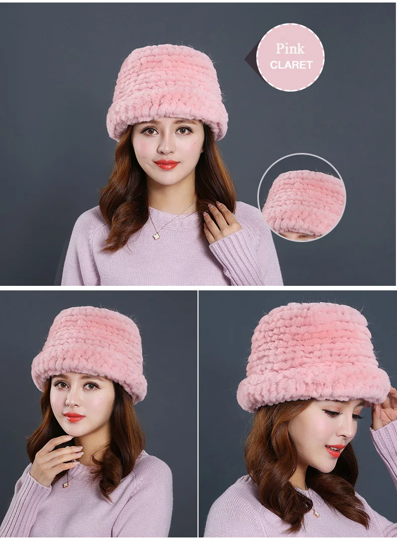 Luxury Natural Fur hats Fur Bucket Hat Russian Real Rex Rabbit Fur Hat Female Solid Women's Winter Cap Ladies (12)
