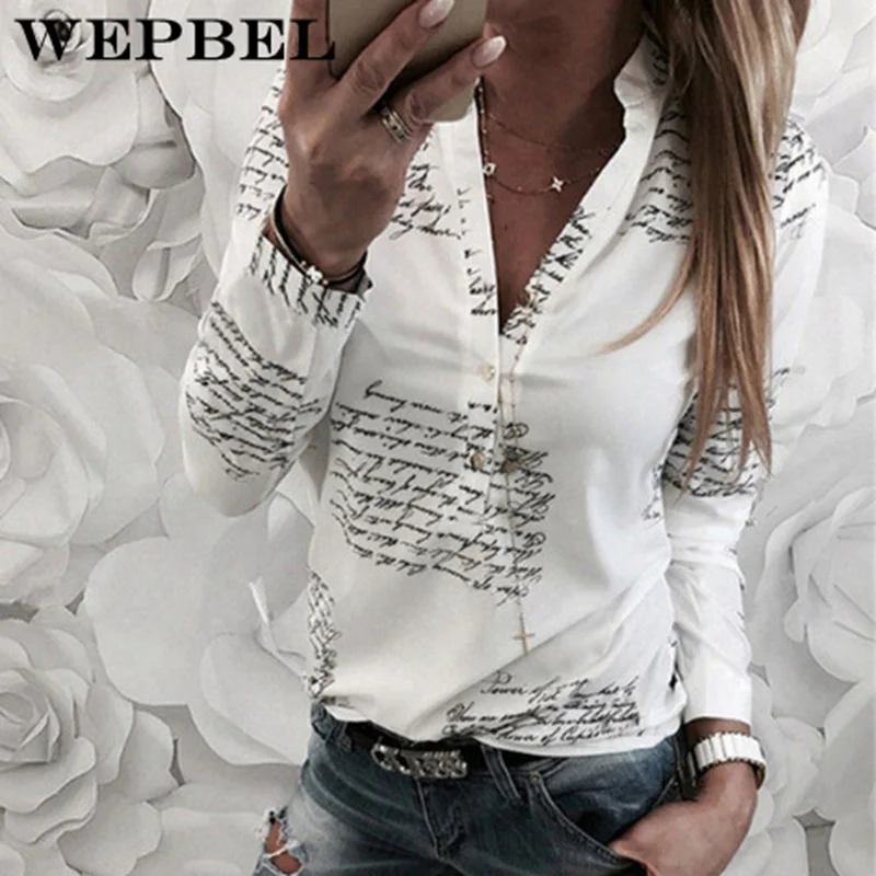 

Wepbel Women Letters Printing Blouses Fashion Ladies Chic V Neck Button Long Sleeve Shirt Tops Blouse