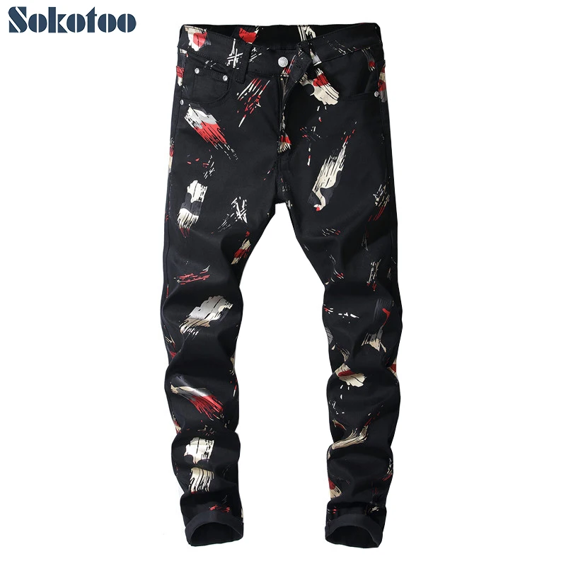 

Sokotoo Men's fashion colored pattern printed jeans Black painted slim pants