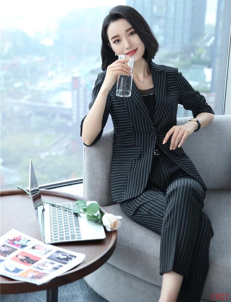 Conceptions Styles Manches Et Costumes D'affaires Veste Bleu Dames Rayé Avec Moitié Bureau Ensemble Pantalon Uniformes Formelle Blazer Femmes xW6TqAxSn