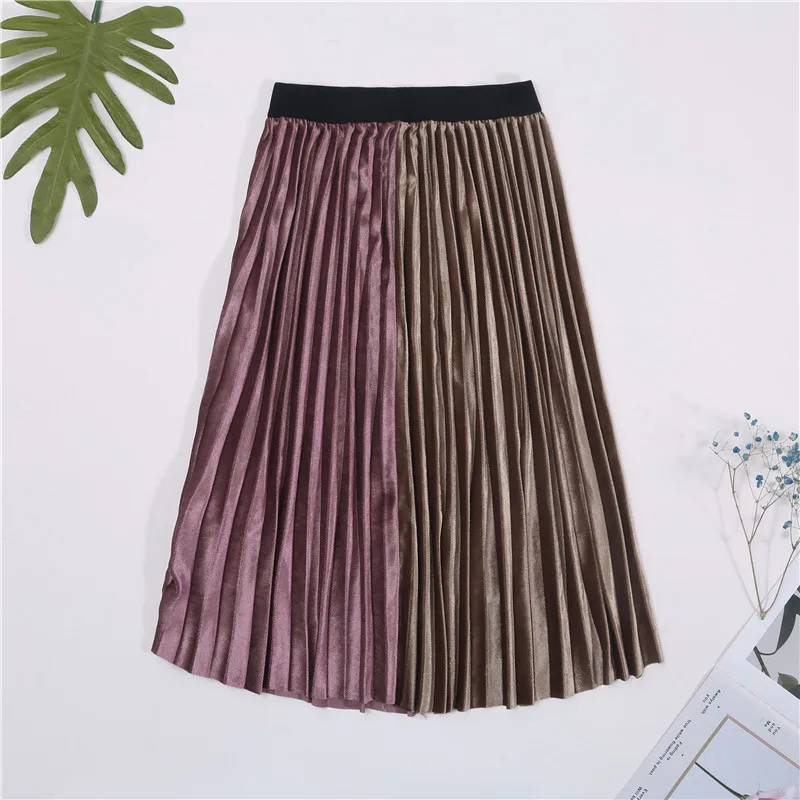 Женская юбка осень зима плиссированная юбка высокая талия юбки в стиле пэтчворк для женщин бархатная плиссированная юбка миди Harajuku - Цвет: 1