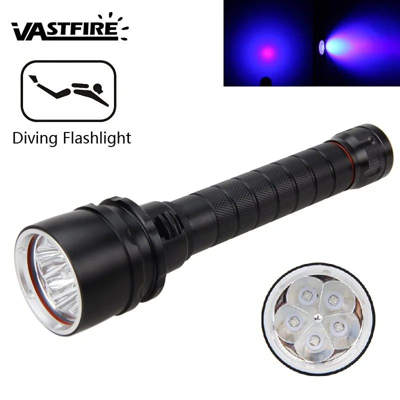 Ultraviolet 390nm Diving Light Underwater 100m 30W 5 x UV LED Dive Scuba Flashlight Purple Light by 2x18650 Torch