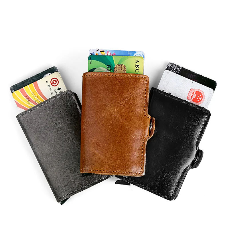 

Fashion Metal+Cow Leather ID Credit Card Holder Black Pocket Box Business Cards Wallet With RFID Anti-chief Wallet Men Money Bag