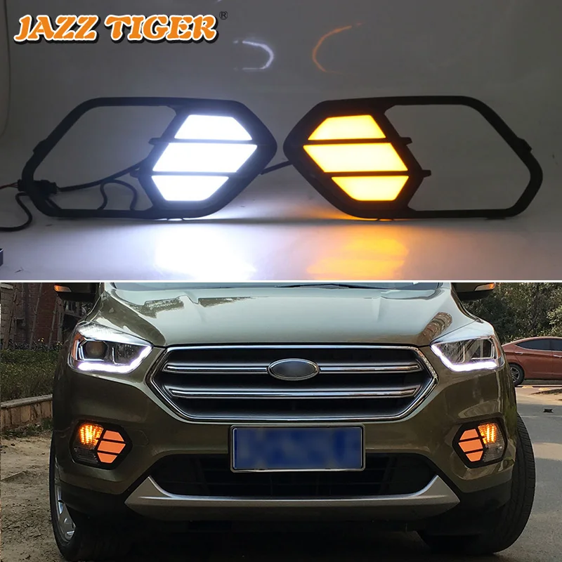 

JAZZ TIGER 2PCS Turn Yellow Signal Function 12V Car DRL Lamp LED Daytime Running Light For Ford Kuga Escape 2016 2017 2018