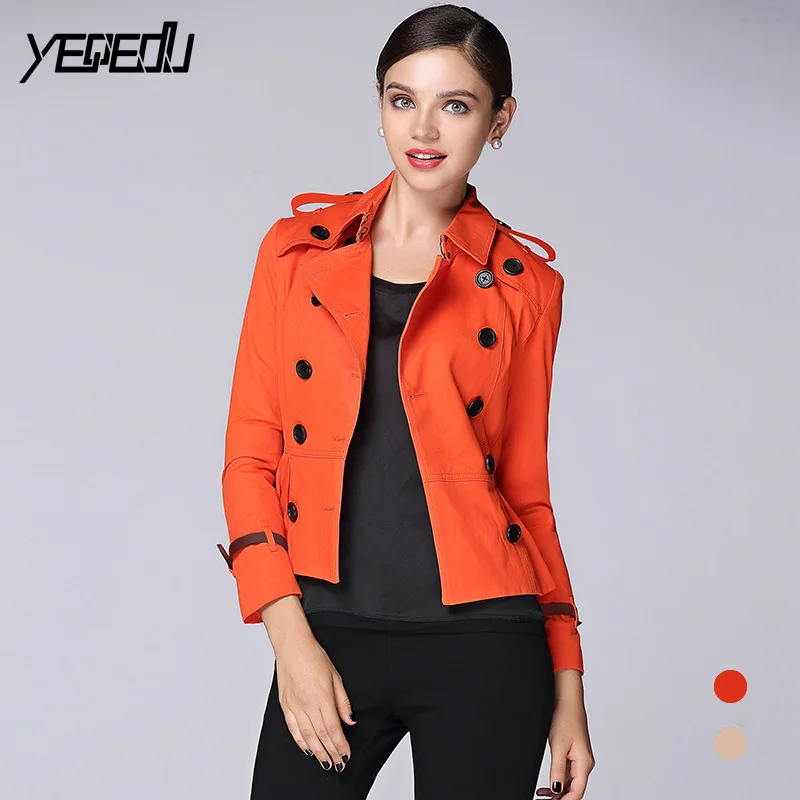 #3304 Khaki Orange Double Breasted Adjustable Waist Short Treach Coat For Women Lotus Leaf Elegant Fashion High Quality Tide