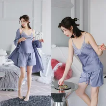 Сексуальный женский кружевной Пижамный набор из шелка с банными халатами три предмета одежда для сна Женская Набор высокого качества искушение