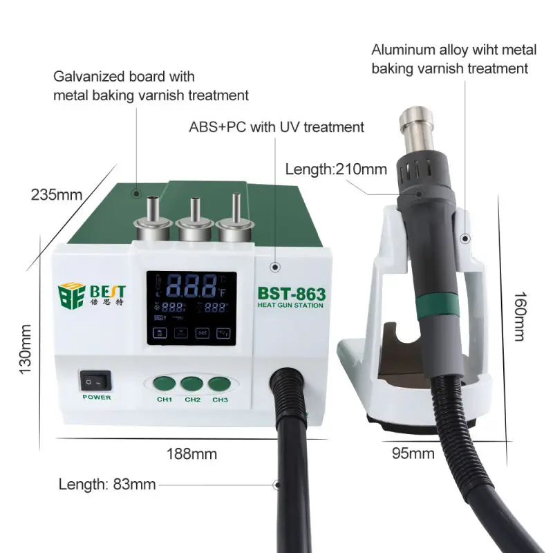 BST-863 Тепловая пушка станция Регулируемая ЖК BGA Горячая воздушная пушка паяльная станция сварочный инструмент для телефона PCB Демонтаж Ремонт