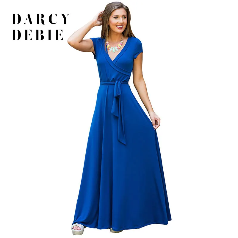 Darcydebie 2018 Лето Для женщин модные синие платья с v-образным вырезом вниз пояса