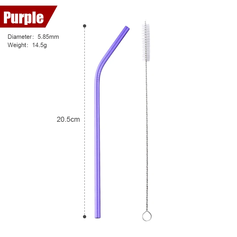 Красочные 304 соломинки многократного использования из нержавеющей стали прямой гнутый Металл питьевой соломы с чистящей щеткой набор вечерние аксессуары для бара - Цвет: purple B