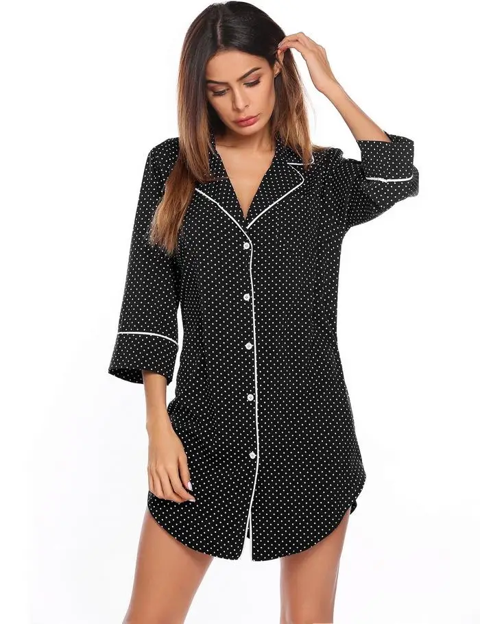 Ekouaer Женская одежда для сна, Повседневная Ночная рубашка с отложным воротником, рукав 3/4, ночная рубашка, обычная посадка, кнопка, карман, платье для сна, рубашка