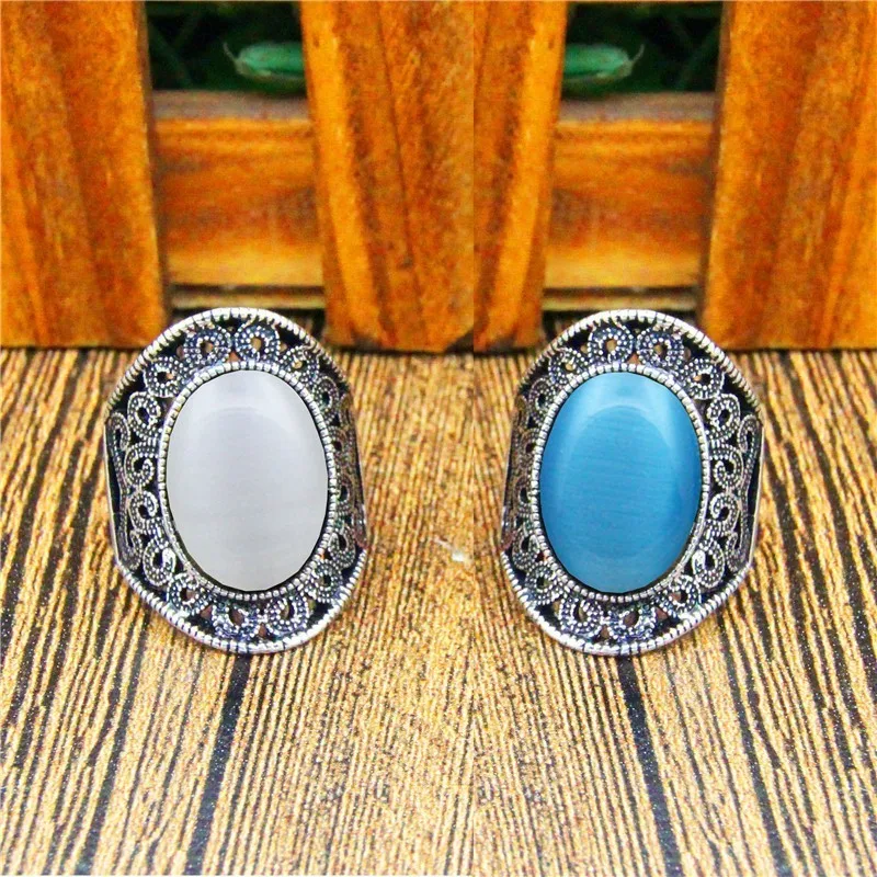 5 Colors Oval Opal Rings For Women Classic Flower Design Antique Silver Plated Rings Fashion Jewelry TR680