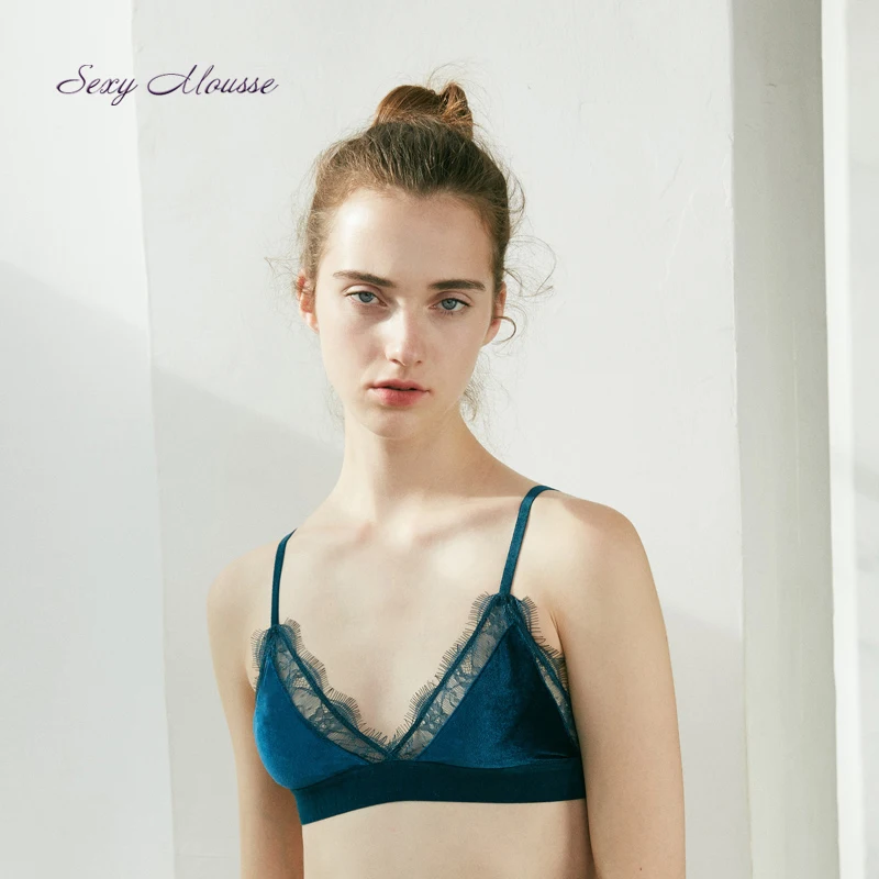 

Sexy Mousse Lace eyelash velvet ultra-thin triangular cup bra set women bra lingerie bralette wire free underwear panty set