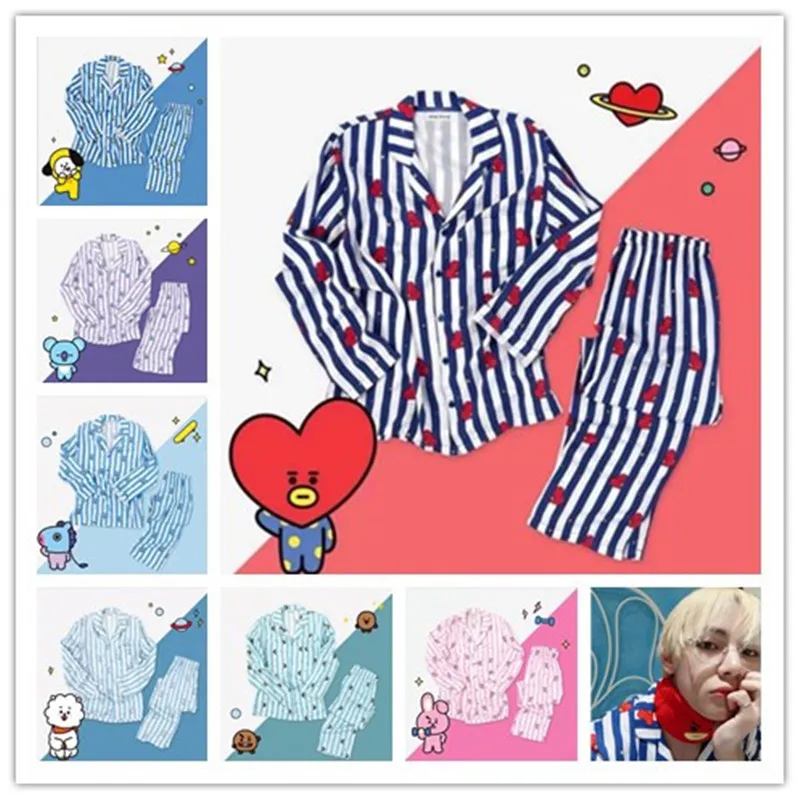 

KPOP Bangtan Boys cartoon version v suga Jungkook Same Harajuku pajamas Men Women long sleeve shirt nighty Nightwear Set Gifts
