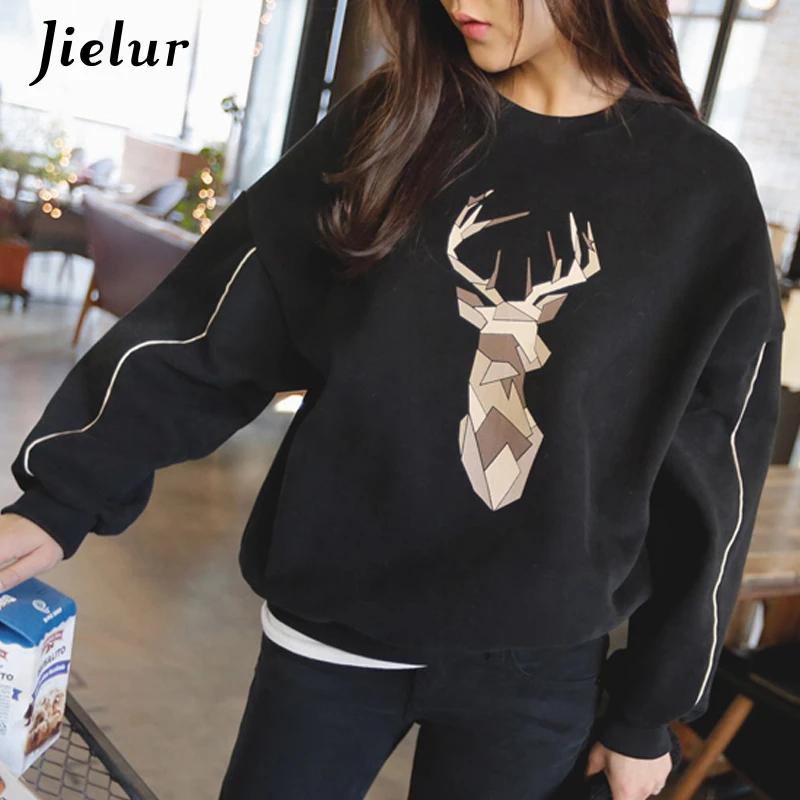 

Jielur New Fashion Vetement Femme 2019 Korean Style Black Kpop Loose Hoodies Women BF O-Neck Hipster College Women's Sweatshirt