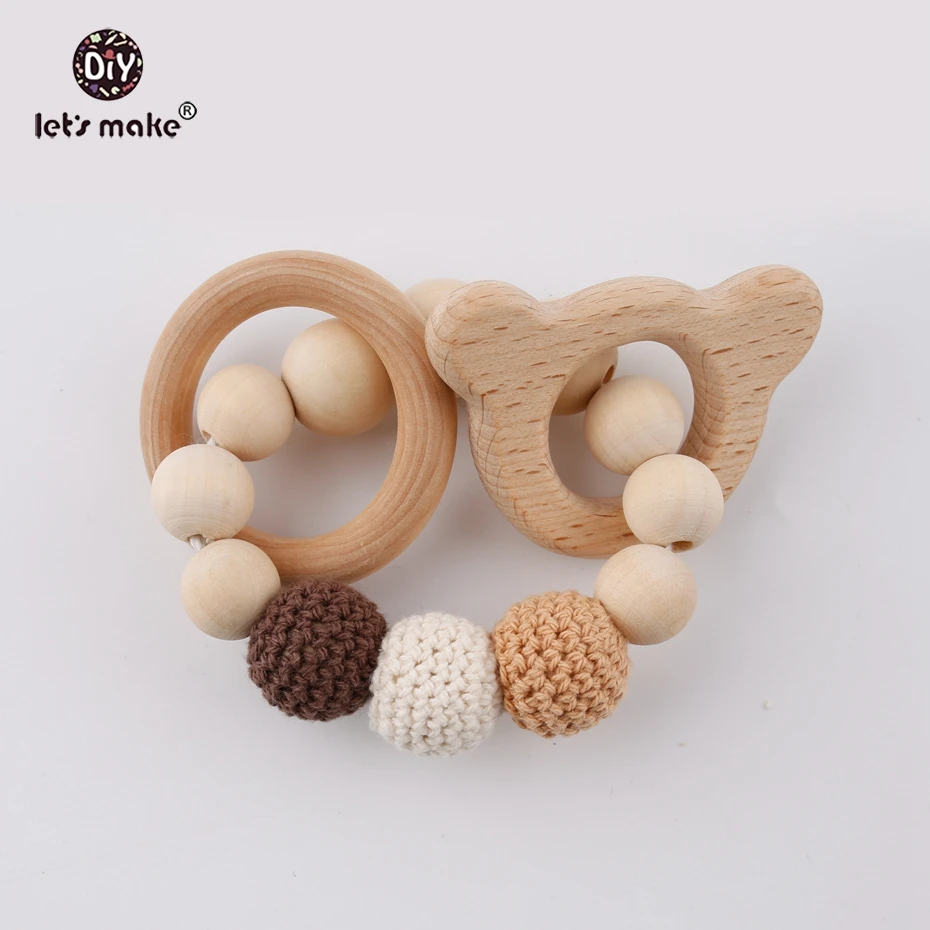 

Let's Make Crochet Beads Baby Organic Rattle Bracelet Cute Animal Food Grade Wood Beart&Circles Chew Wooden Beads Bracelets Toy