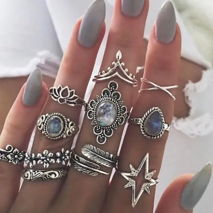 

Hot 11PCS Vintage Blue Crystal Rings Set for Women Silver Lotus Feather Boho Midi Knuckle Rings Statement Fashion Jewelry Gift