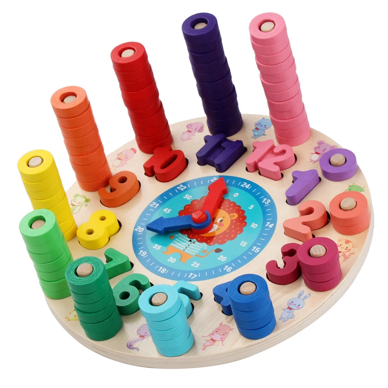 Дошкольные Деревянные игрушки Монтессори, цифровые часы, цифры, геометрическая форма, Обучающие игрушки, обучающие математические игрушки для детей
