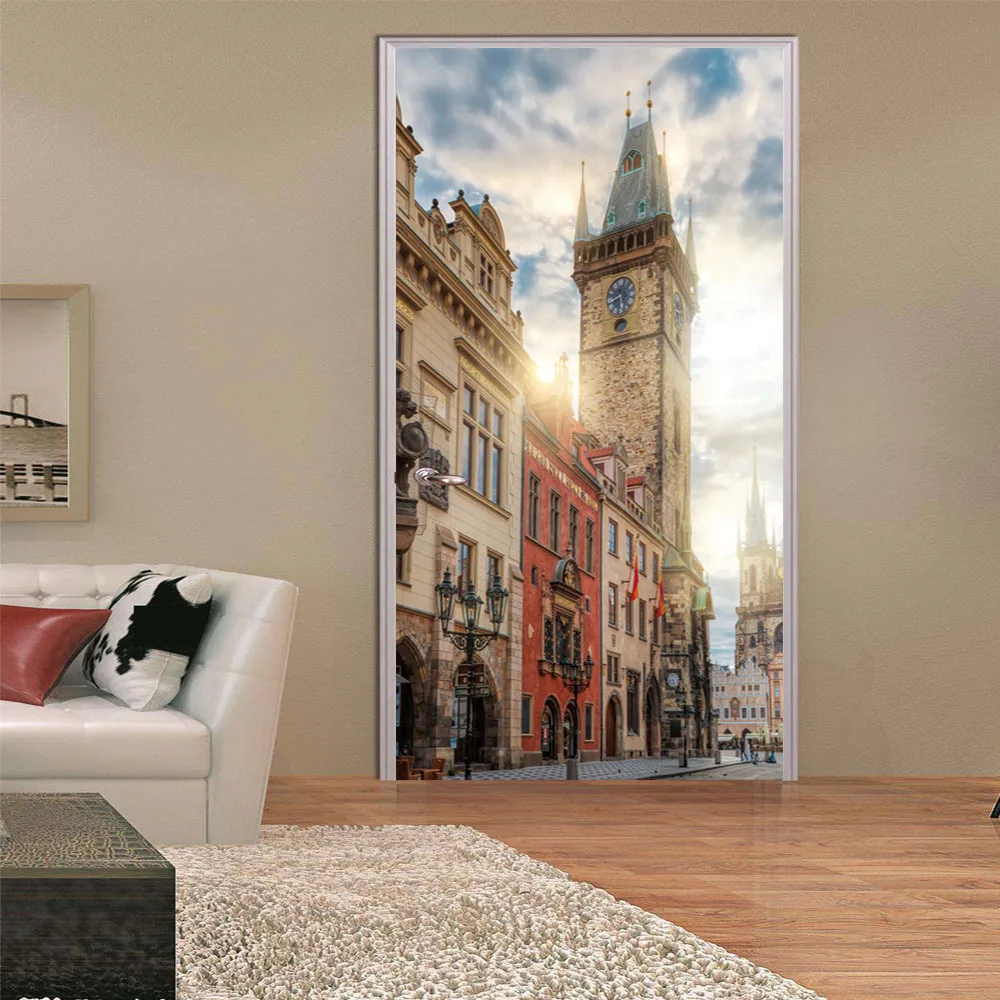 

funlife Prague Square Bell Tower Decorative Wall Stickers for Living Room Self-adhesive Wall Decor Imitation 3D Door Sticker