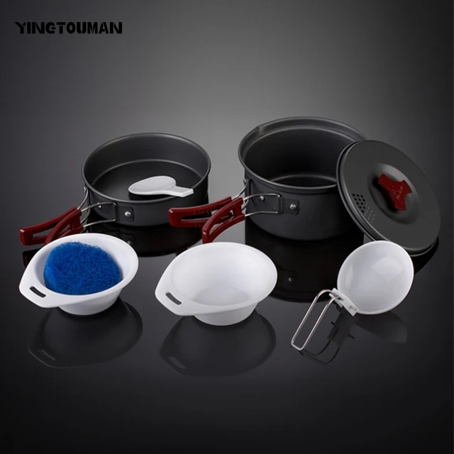 YINGTOUMAN 7pcs Outdoor Camping Hiking Cookware Bowl Pot Pan Set