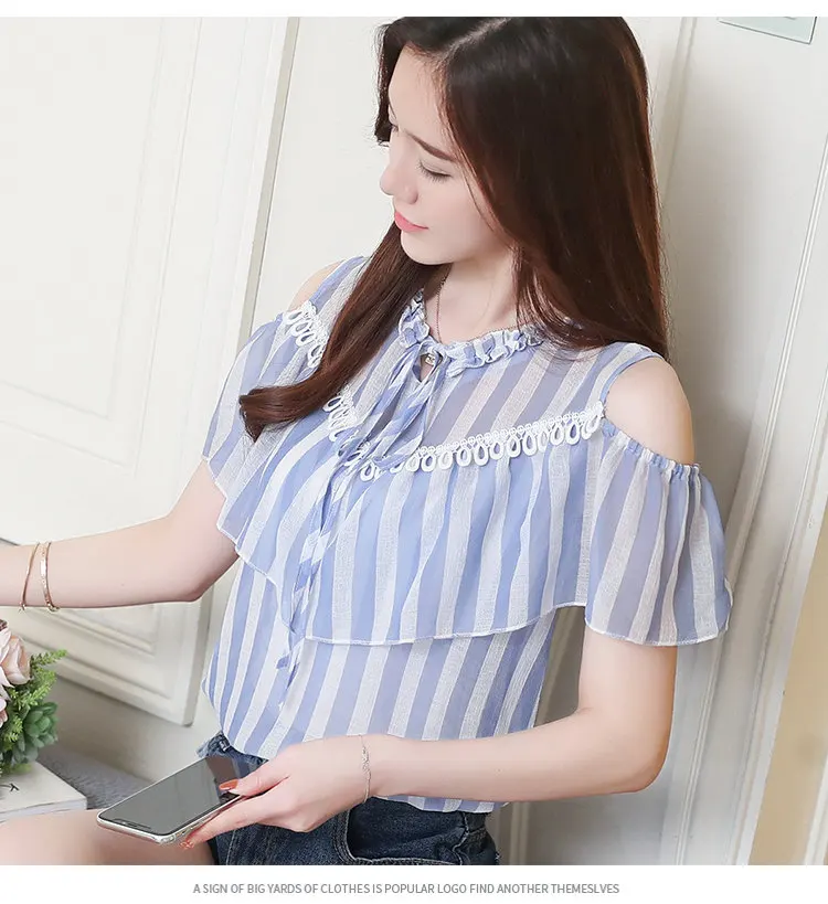 2018 New Women Chiffon Blouse Ruffled Striped Shirts Summer Open Shoulder Tops Blouses Women Fashion Bow Blusas Femininas Shirt (6)