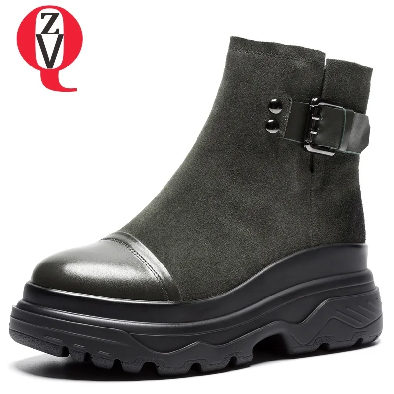 

ZVQ 2018 hot sale new fashion round toe high wedges platform zip ankle boots metal decoration cow suede two colors women shoes