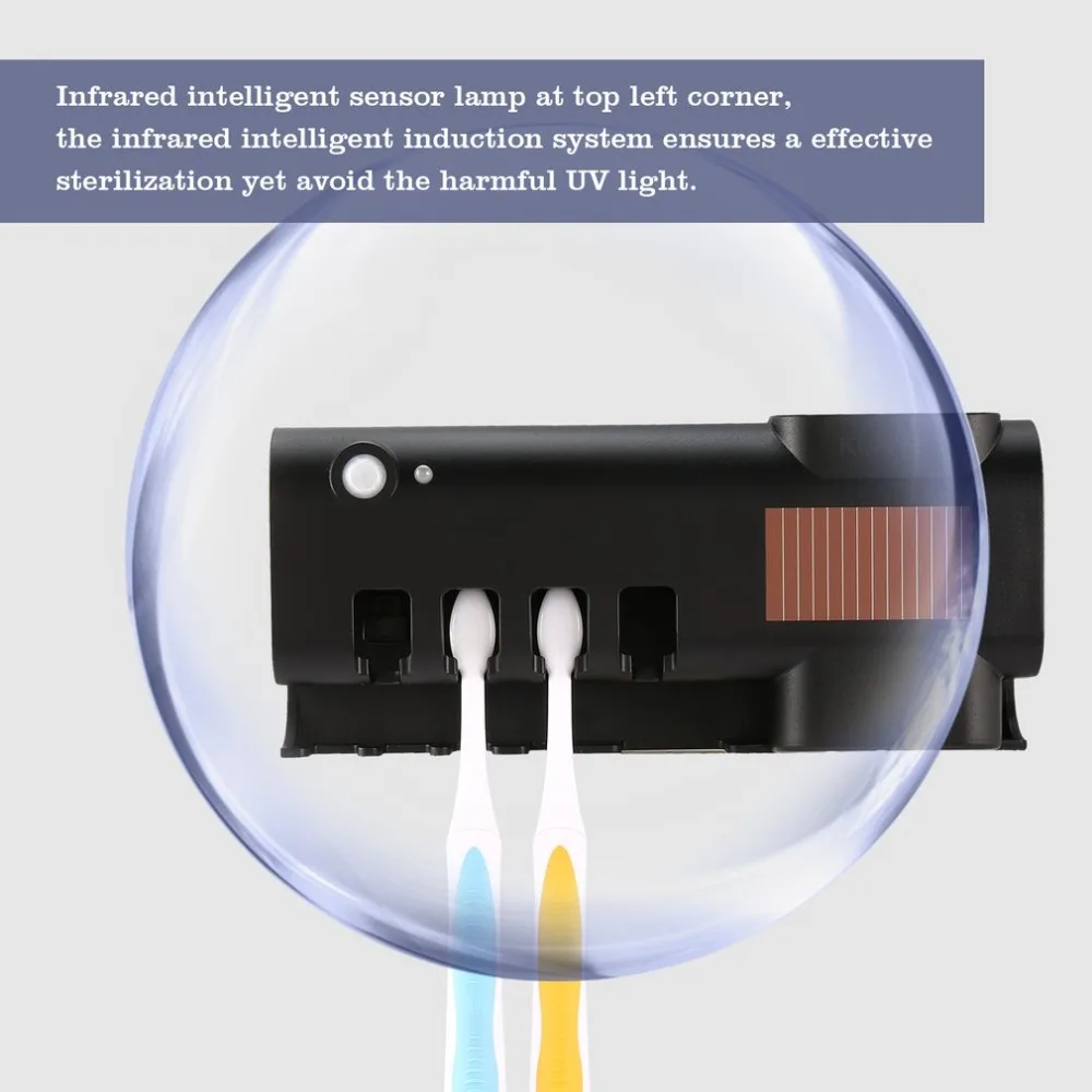 

ABS UV Toothbrush Sterilizer Solar Bathroom Wall Rack Toothbrush Stand Holder with Toothpaste Dispenser Solar Panel