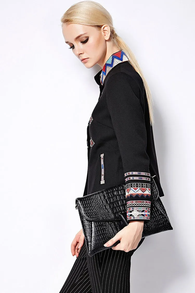 Full Sleeve Geometric Flower Emboidery Turtleneck Jacket