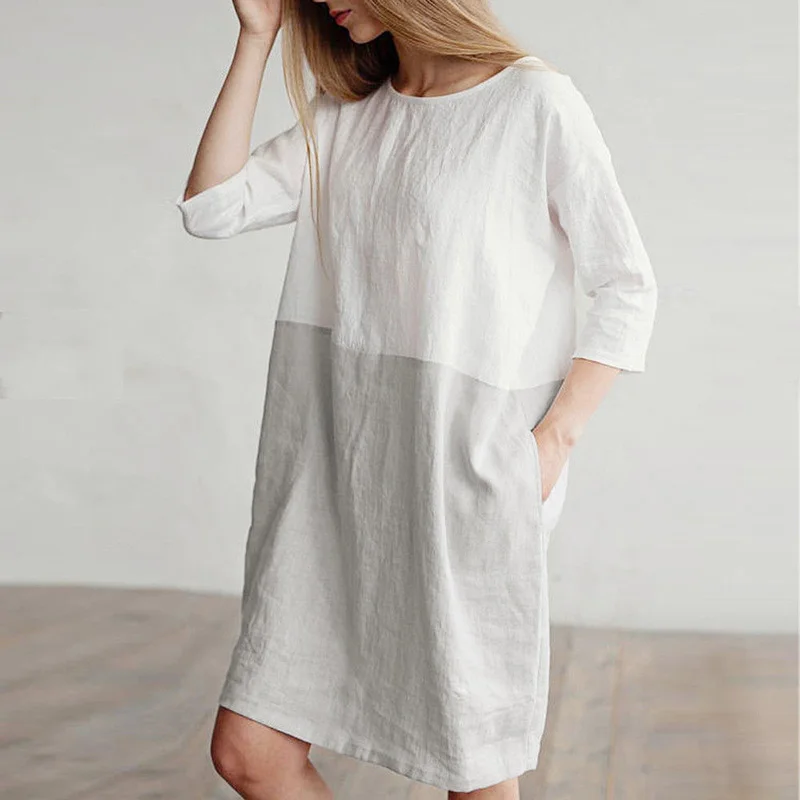 Goede 2018 Vrouwen Casual Katoen Linnen Jurk Patchwork 3 4 Mouwen O hals Dames Losse Oversized Pockets Tuniek Shift Jurk