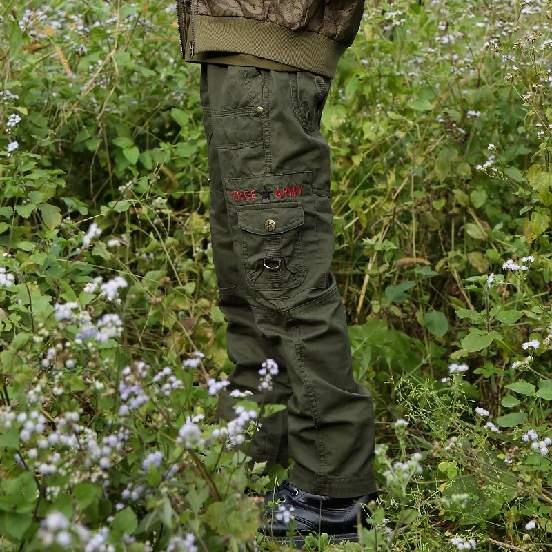  Brand Autumn Cotton Pants Outdoor Miltary Style Boys Cargo Pants Overalls Army Green Embroidered Lo