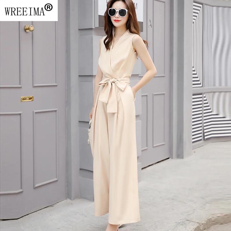 Women's Deep V Neck elegant Sleeveless Jumpsuits Loos Waist Solid