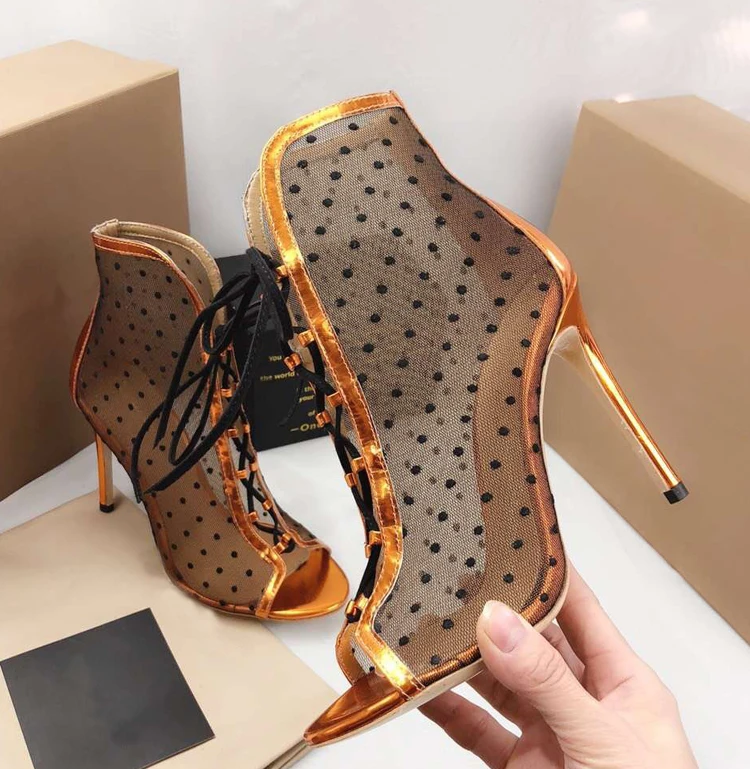 

2018 New Shoes Woman High Heels Runway High Top Gladiator Sandals Mesh Designer Lace Up Peep Toe Woman Sandals Sexy Party Shoes