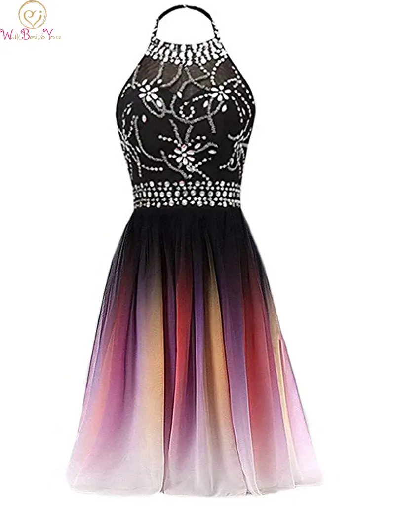 

robes de cocktails longueurs 2019 A Line Crystal vestidos de gala Chiffon Halter Neck Sequined Party Formal Elegant Prom Gowns