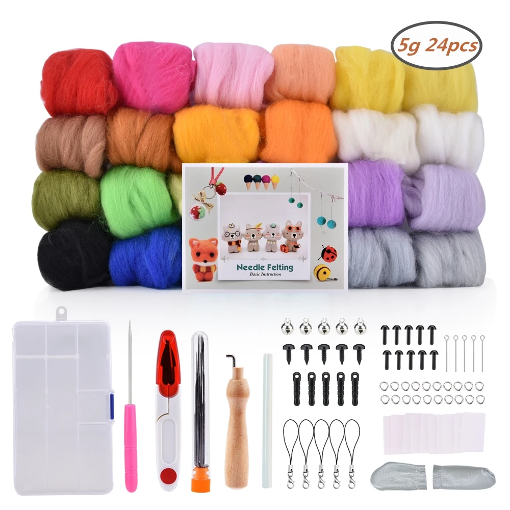 24 Colors Needle Felting Kit Wool Felt Tools Starter Kit Felt Poke