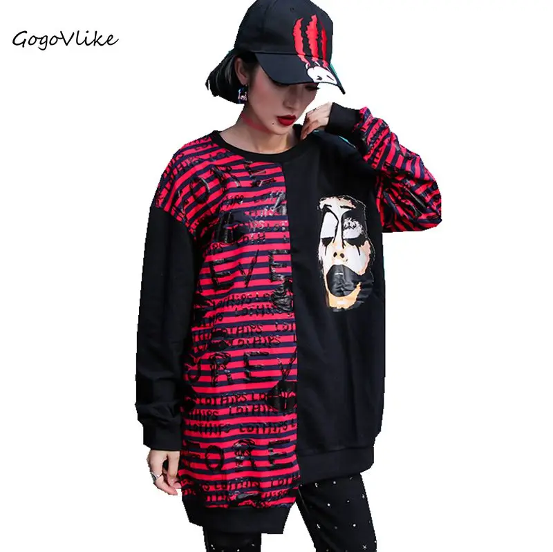 

Women hoodies sweatshirts female jumper Striped 2018 Spring Irregular Color Block Pullovers and Tops Hip Hop Punk Rock LT522S50