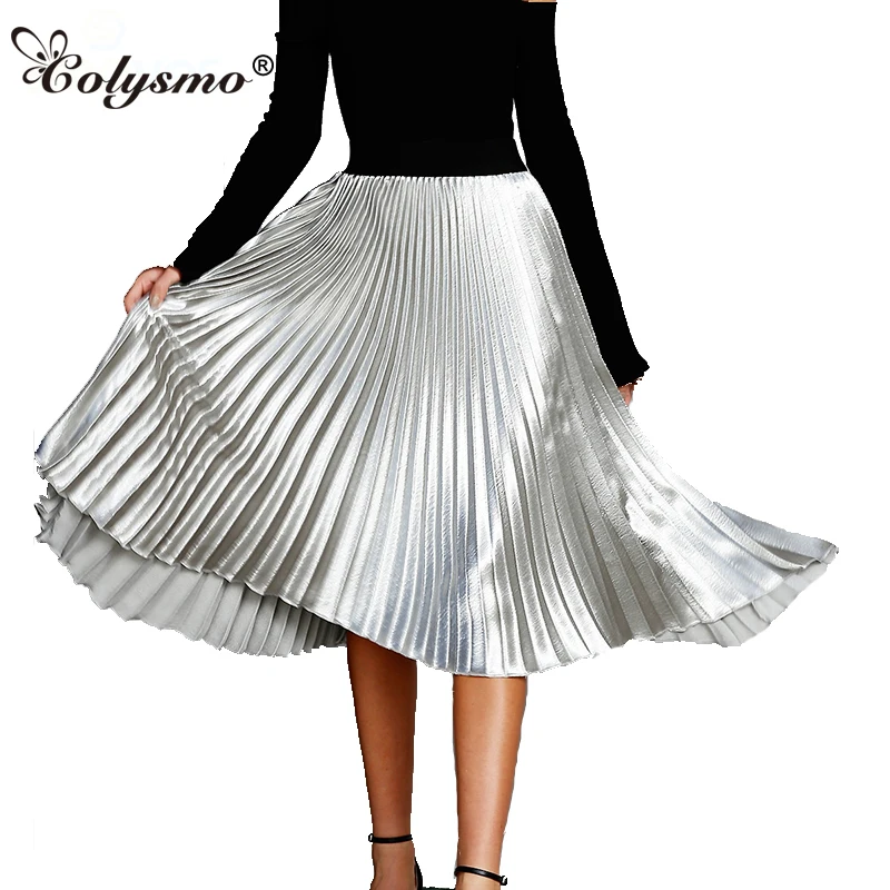 

Colysmo Vintage High Waist Skirts Womens Pleated Skirt Metallic Summer Skirt Pink Casual Satin Silky Midi Skirt Long Saia Midi