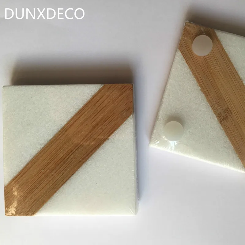 

DUNXDECO Coffee Cup Pad Set Marbling Bamboo Geometric Square Table Mat Home Office Desk Accessories Modern Art Decoration 2PCS
