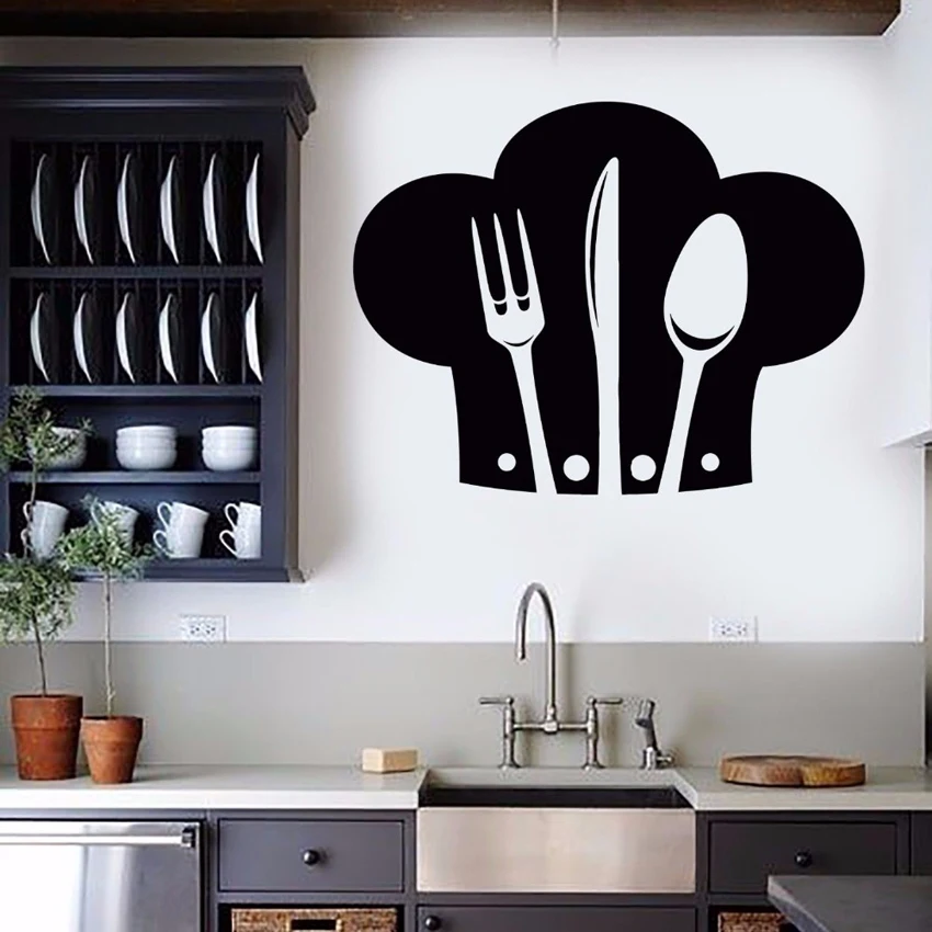 Kitchen Vinyl Wall Stickers Mural Removable Chef Hat Cutlery Decal Restaurant Kitchen Decoration Interior Art Home Decor YL016