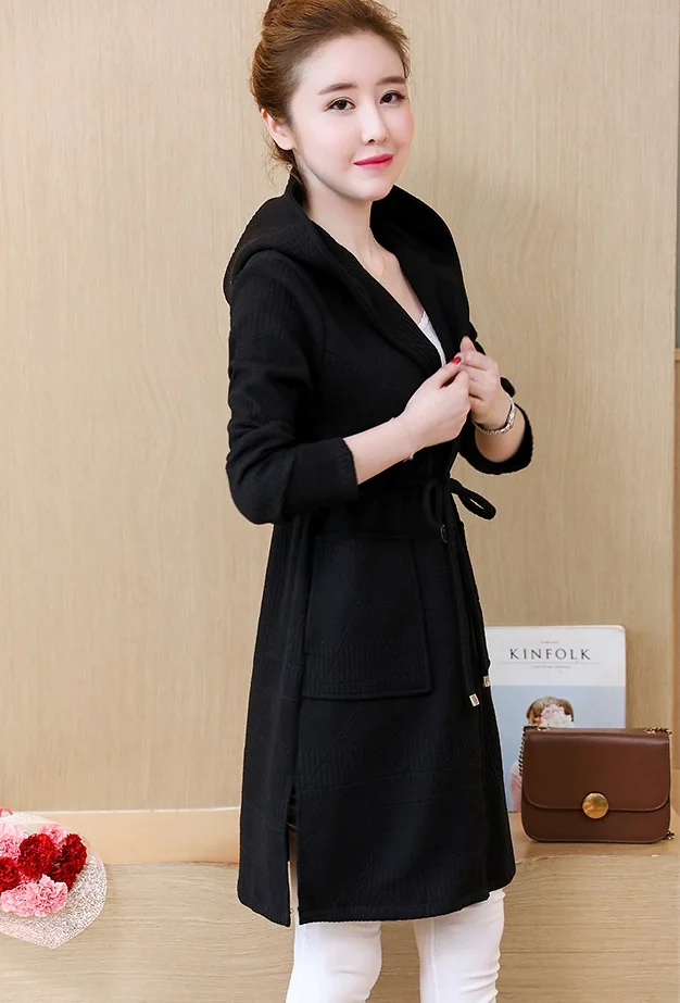 Женский вязаный кардиган Весна Осень Повседневная Женская мода Длинный свитер с капюшоном вязаный кардиган верхняя одежда большой размер Q115 - Цвет: Black