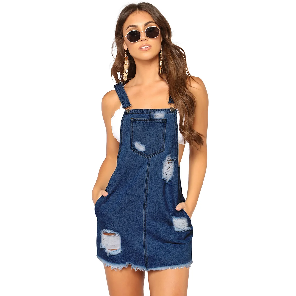 

Summer Women Denim Dress Sundress Casual Loose Overalls Dresses Female Solid Adjustable Strap Jeans Mini Blue Black Dress