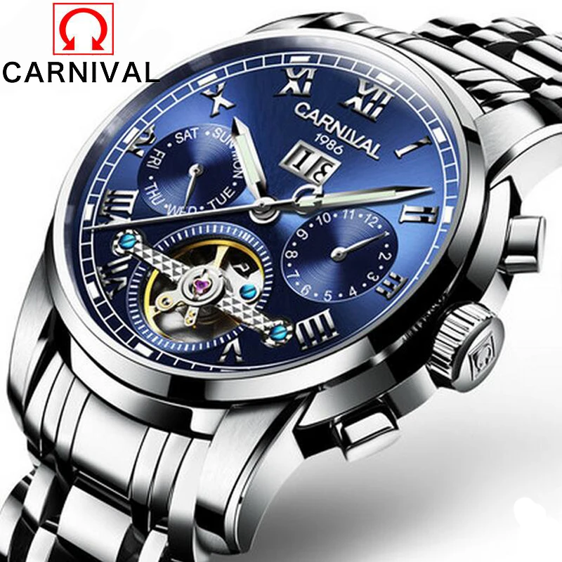 Carnival Top Brand Tourbillon Mechanical Watches Luminous Waterproof