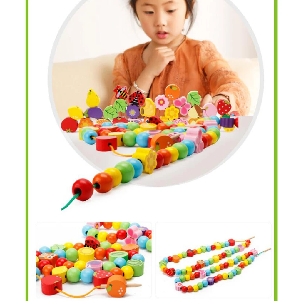 Baby Toddler Wooden Threading Beads Stacking Toys Lacing Shapes Activity Cognition Toys, Wooden Educational Toy